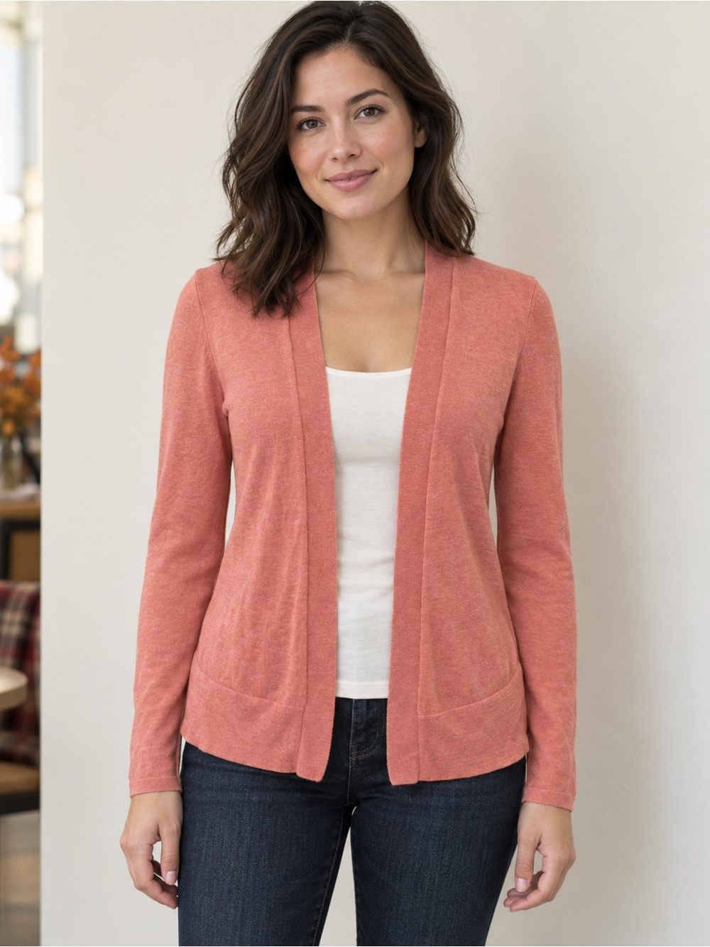 Old Navy Coral Peach Open Front Cotton Blend Cardigan Sweater Small Lightweight